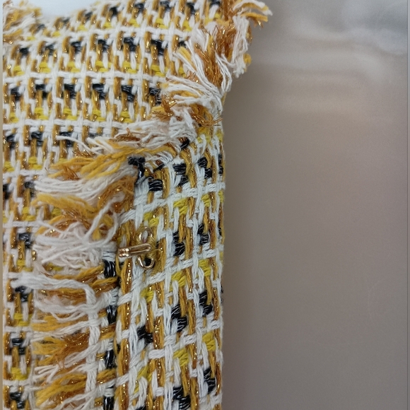 LULU'S Yellow Multi Color Tweed Patchwork Casual Corpcore Barbiecore Jacket - Picture 6 of 11